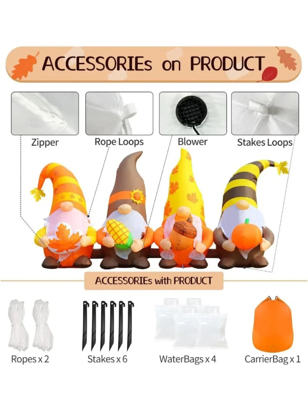 8FT Fall Gnome Inflatables with LED Lights - Outdoor Thanksgiving Yard Decor